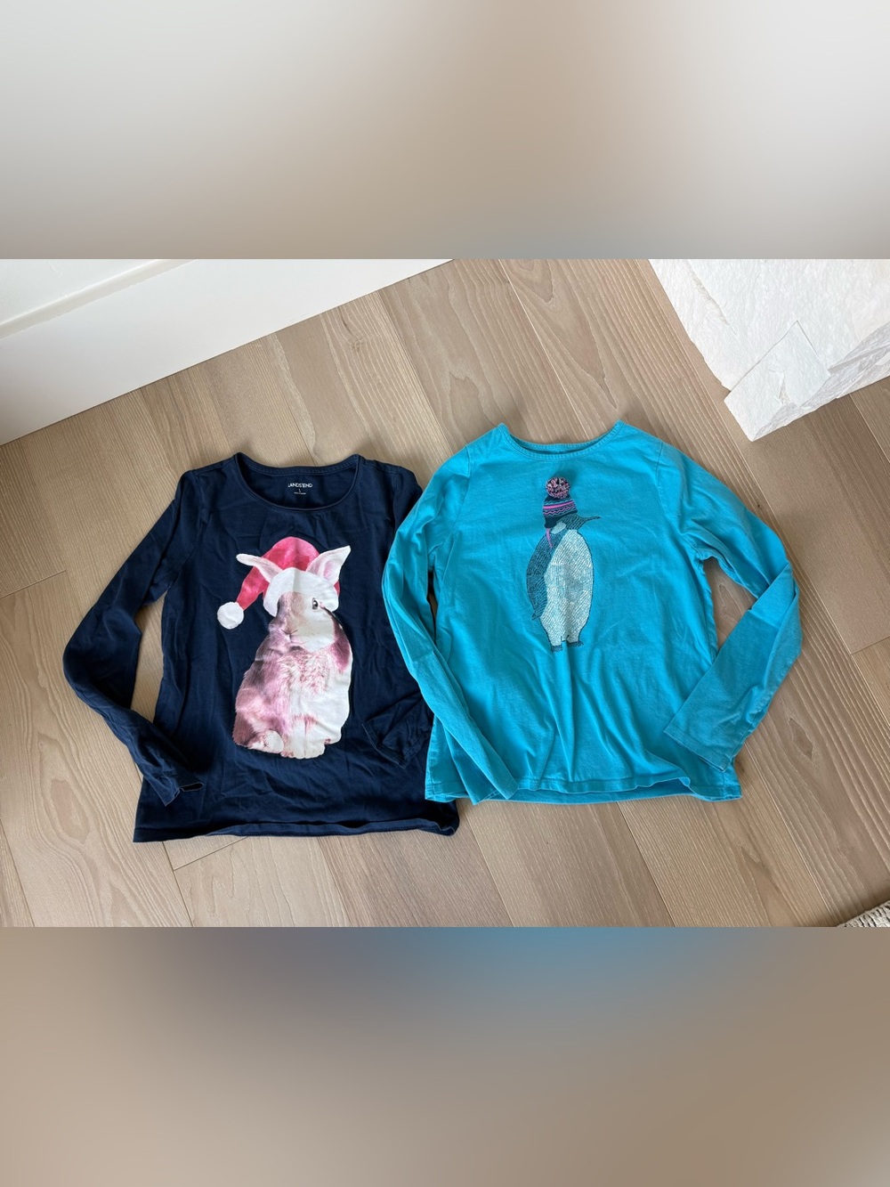 Lands' End Navy Bunny & Teal Penguin Long-Sleeve Tees